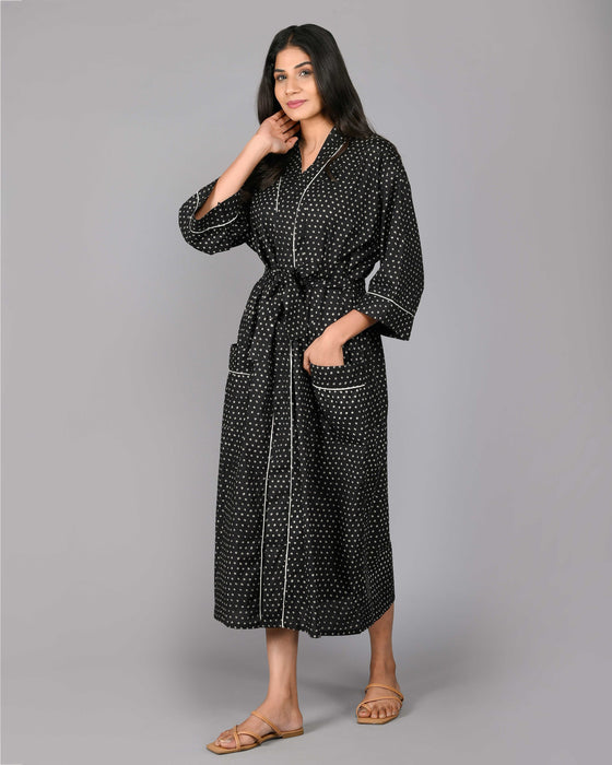 Polka Dot Pattern Kimono Robe Long Bathrobe For Women (Black)-KM-104