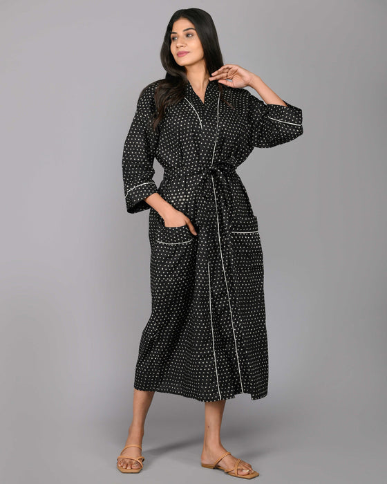 Polka Dot Pattern Kimono Robe Long Bathrobe For Women (Black)-KM-104