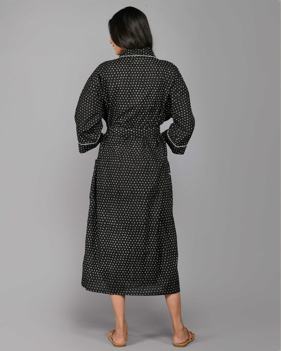 Polka Dot Pattern Kimono Robe Long Bathrobe For Women (Black)-KM-104