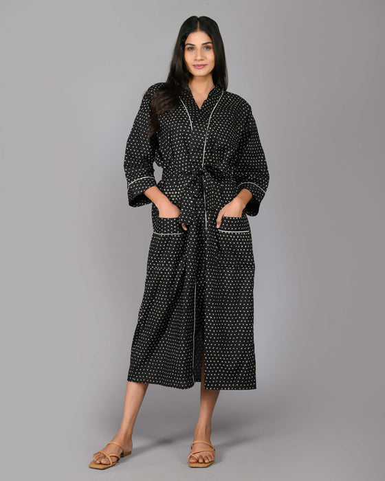 Polka Dot Pattern Kimono Robe Long Bathrobe For Women (Black)-KM-104