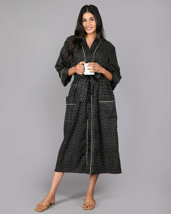 Polka Dot Pattern Kimono Robe Long Bathrobe For Women (Black)-KM-104