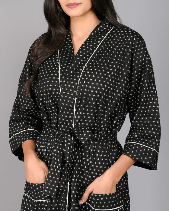 Polka Dot Pattern Kimono Robe Long Bathrobe For Women (Black)-KM-104