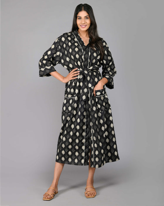 Floral Pattern Kimono Robe Long Bathrobe For Women (Black)-KM-105