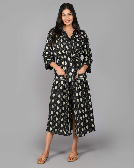 Floral Pattern Kimono Robe Long Bathrobe For Women (Black)-KM-105