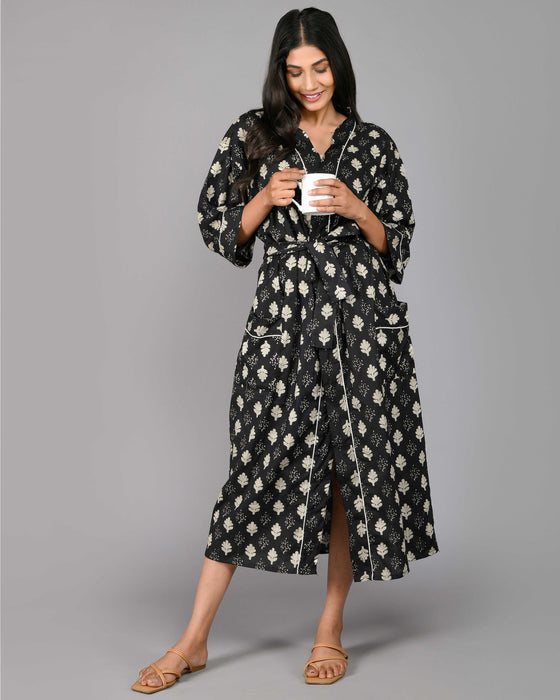 Floral Pattern Kimono Robe Long Bathrobe For Women (Black)-KM-105