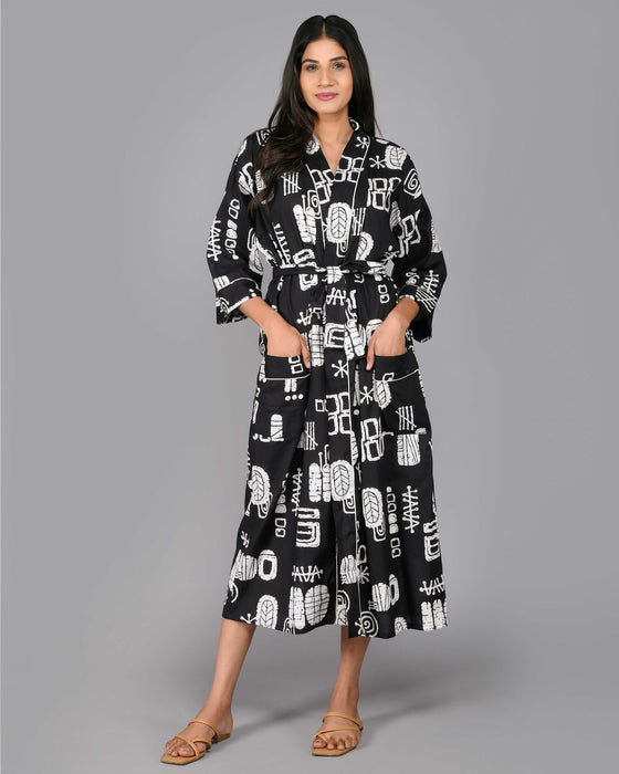 Abstract Pattern Kimono Robe Long Bathrobe For Women (Black)-KM-106