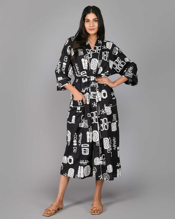 Abstract Pattern Kimono Robe Long Bathrobe For Women (Black)-KM-106