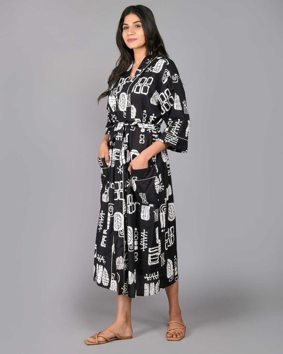 Abstract Pattern Kimono Robe Long Bathrobe For Women (Black)-KM-106