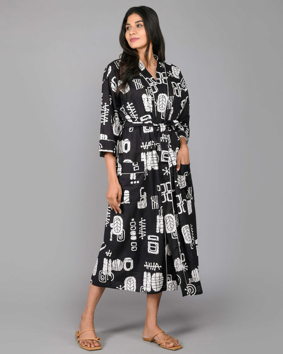 Abstract Pattern Kimono Robe Long Bathrobe For Women (Black)-KM-106