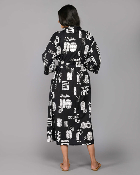 Abstract Pattern Kimono Robe Long Bathrobe For Women (Black)-KM-106