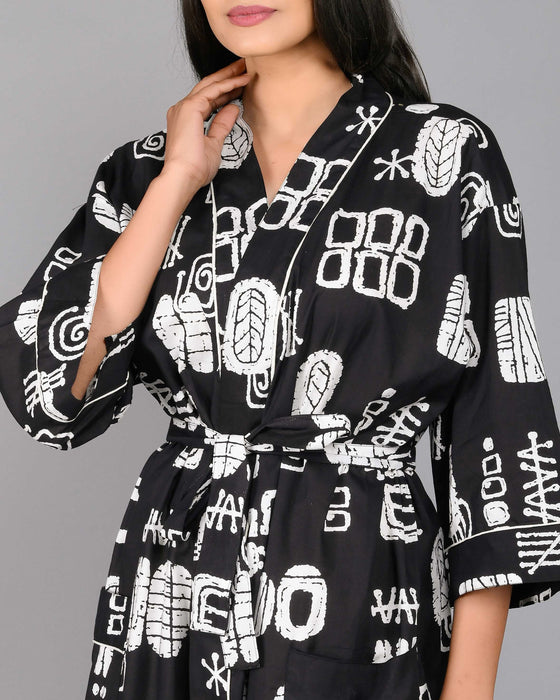 Abstract Pattern Kimono Robe Long Bathrobe For Women (Black)-KM-106