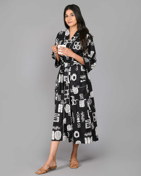 Abstract Pattern Kimono Robe Long Bathrobe For Women (Black)-KM-106