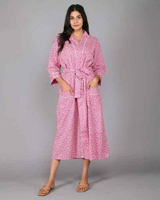 Geometric Pattern Kimono Robe Long Bathrobe For Women (Pink)-KM-107