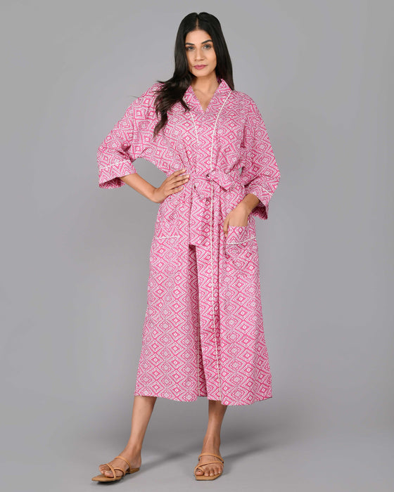 Geometric Pattern Kimono Robe Long Bathrobe For Women (Pink)-KM-107