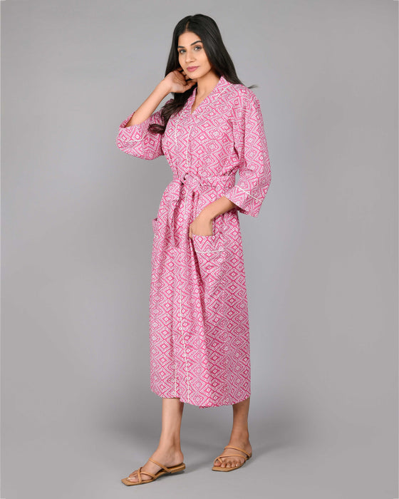 Geometric Pattern Kimono Robe Long Bathrobe For Women (Pink)-KM-107