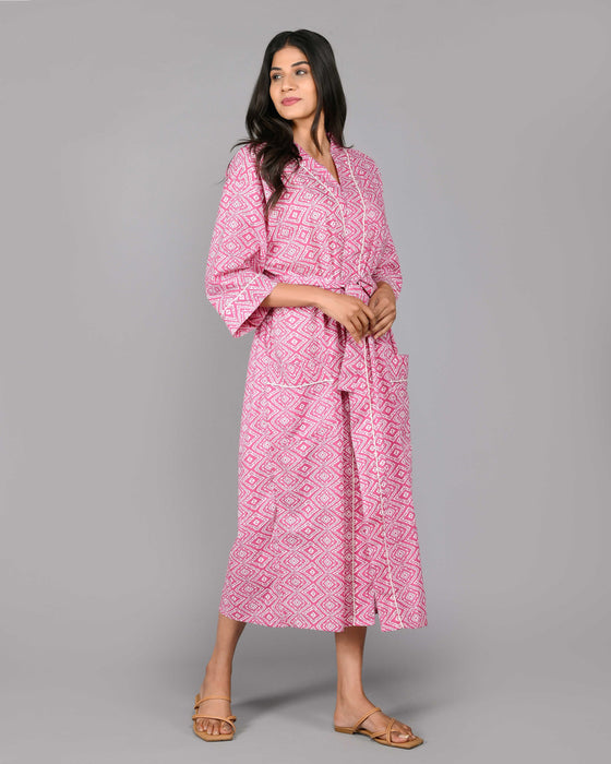 Geometric Pattern Kimono Robe Long Bathrobe For Women (Pink)-KM-107