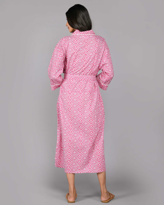 Geometric Pattern Kimono Robe Long Bathrobe For Women (Pink)-KM-107