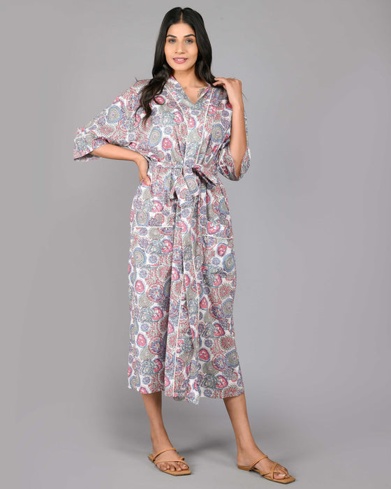 Floral Pattern Kimono Robe Long Bathrobe For Women (Multi)-KM-108