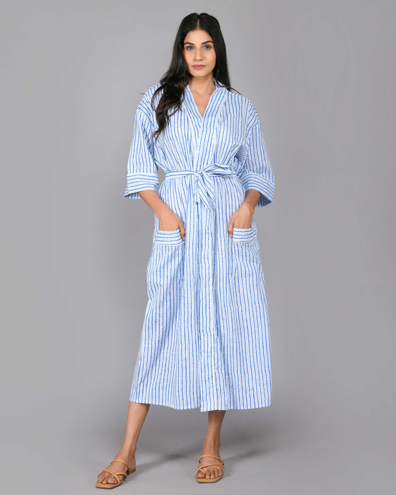 Stripes Pattern Kimono Robe Long Bathrobe For Women (Blue)-KM-109