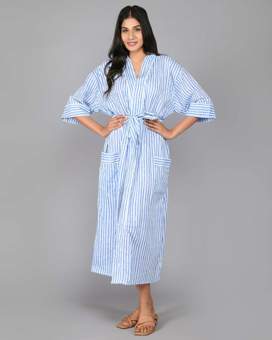 Stripes Pattern Kimono Robe Long Bathrobe For Women (Blue)-KM-109