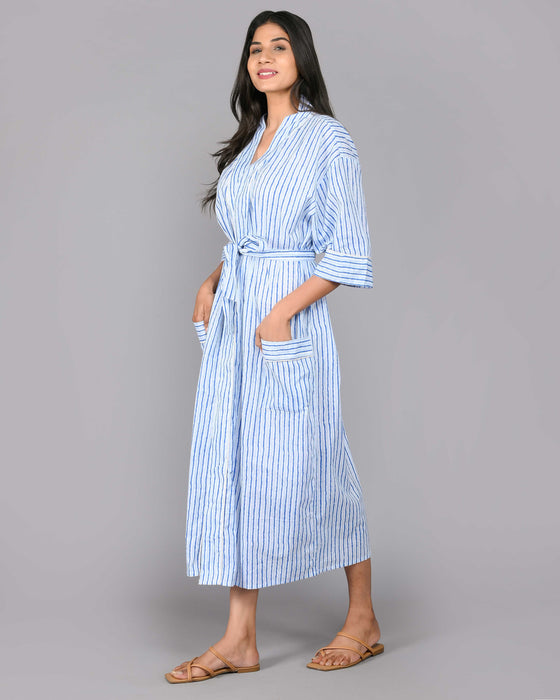 Stripes Pattern Kimono Robe Long Bathrobe For Women (Blue)-KM-109