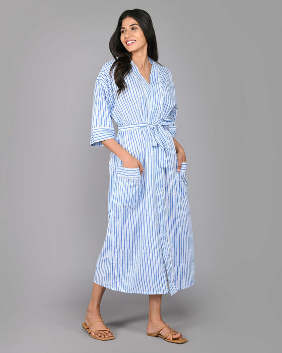 Stripes Pattern Kimono Robe Long Bathrobe For Women (Blue)-KM-109