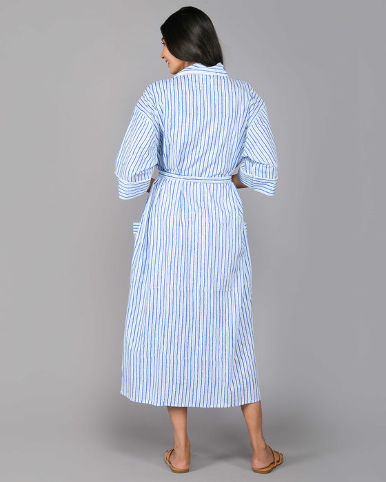 Stripes Pattern Kimono Robe Long Bathrobe For Women (Blue)-KM-109