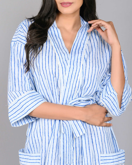 Stripes Pattern Kimono Robe Long Bathrobe For Women (Blue)-KM-109