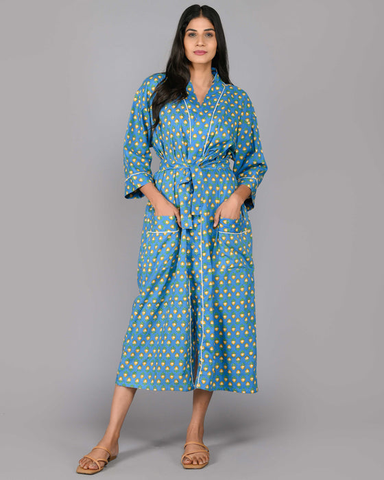 Floral Pattern Kimono Robe Long Bathrobe For Women (Blue)-KM-111