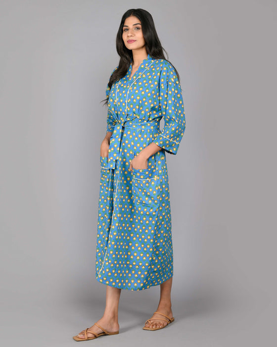 Floral Pattern Kimono Robe Long Bathrobe For Women (Blue)-KM-111