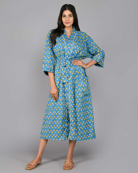 Floral Pattern Kimono Robe Long Bathrobe For Women (Blue)-KM-111