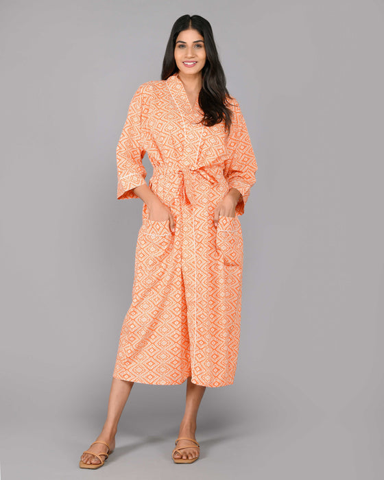 Geometric Pattern Kimono Robe Long Bathrobe For Women (Orange)-KM-113