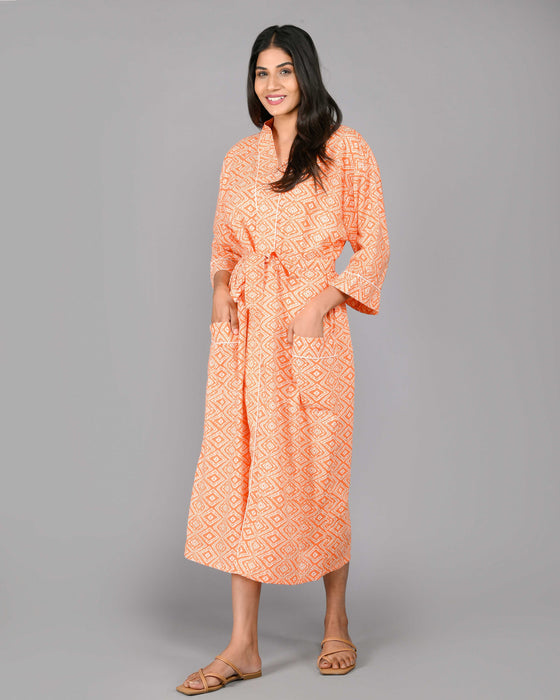 Geometric Pattern Kimono Robe Long Bathrobe For Women (Orange)-KM-113