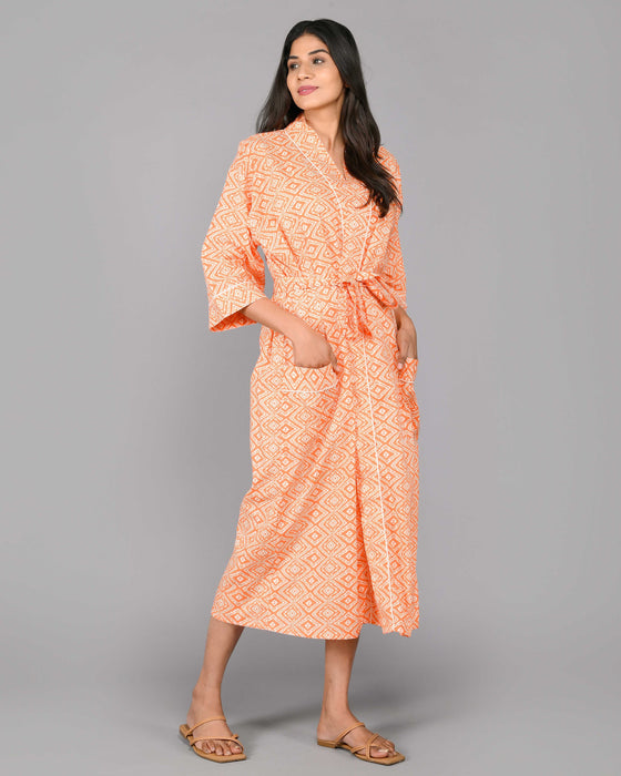 Geometric Pattern Kimono Robe Long Bathrobe For Women (Orange)-KM-113