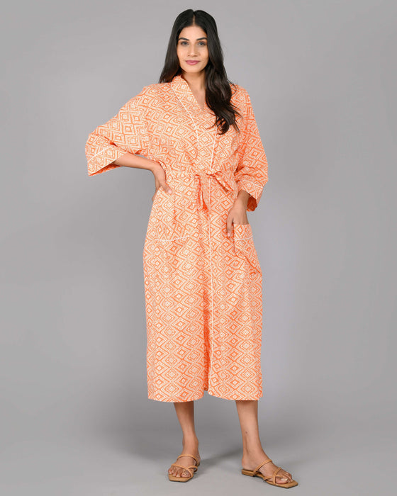 Geometric Pattern Kimono Robe Long Bathrobe For Women (Orange)-KM-113