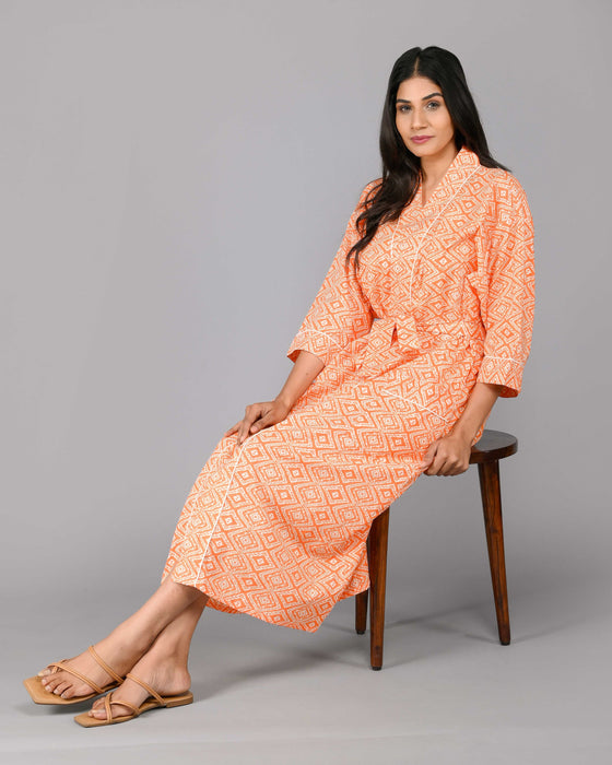 Geometric Pattern Kimono Robe Long Bathrobe For Women (Orange)-KM-113