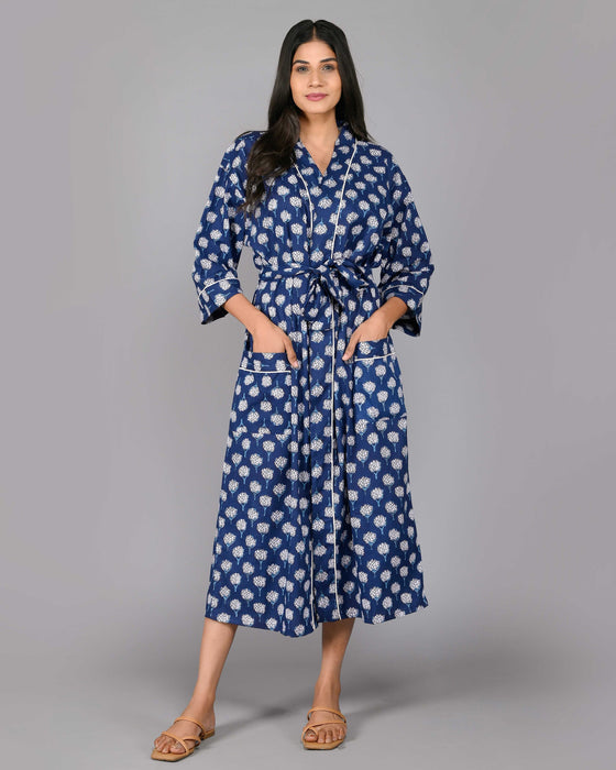 Floral Pattern Kimono Robe Long Bathrobe For Women (Blue)-KM-114