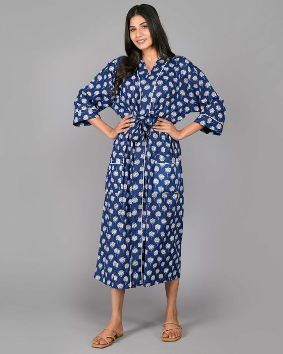 Floral Pattern Kimono Robe Long Bathrobe For Women (Blue)-KM-114