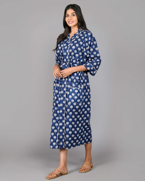 Floral Pattern Kimono Robe Long Bathrobe For Women (Blue)-KM-114