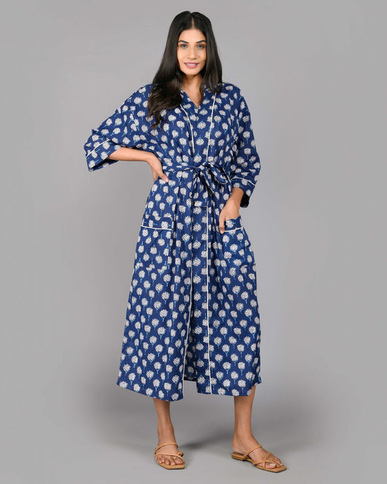 Floral Pattern Kimono Robe Long Bathrobe For Women (Blue)-KM-114