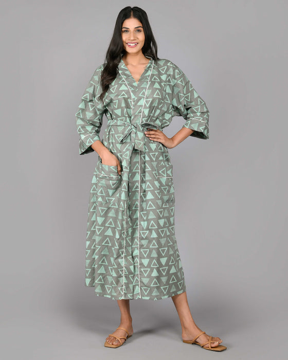 Geometric Pattern Kimono Robe Long Bathrobe For Women (Grey)-KM-115