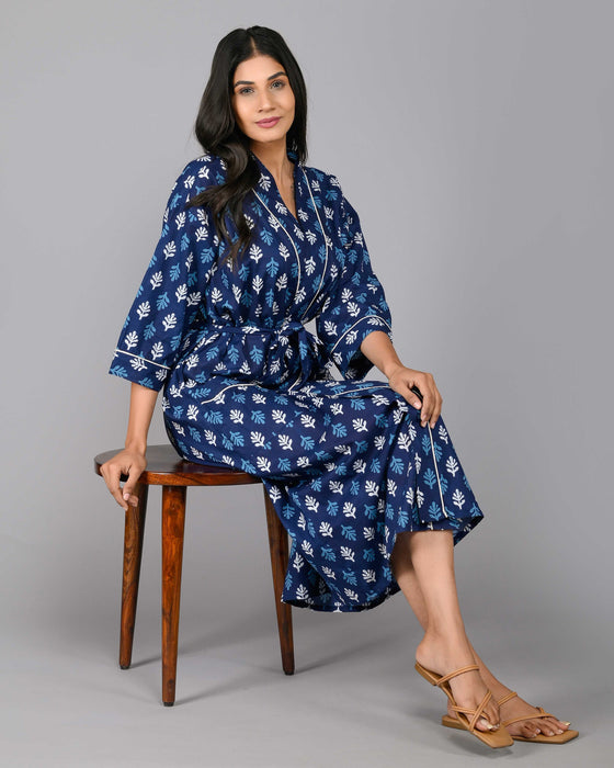 Floral Pattern Kimono Robe Long Bathrobe For Women (Blue)-KM-116