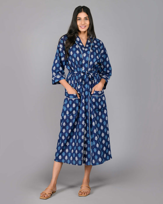 Floral Pattern Kimono Robe Long Bathrobe For Women (Blue)-KM-116