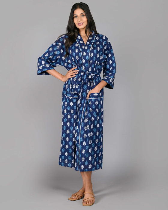 Floral Pattern Kimono Robe Long Bathrobe For Women (Blue)-KM-116