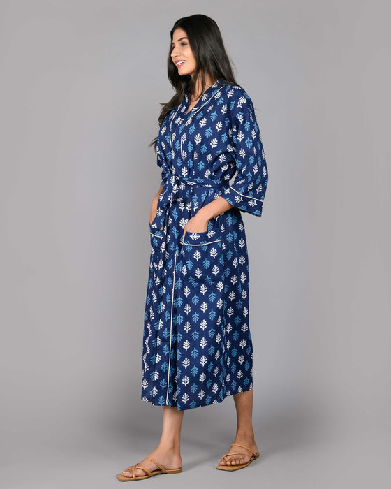 Floral Pattern Kimono Robe Long Bathrobe For Women (Blue)-KM-116