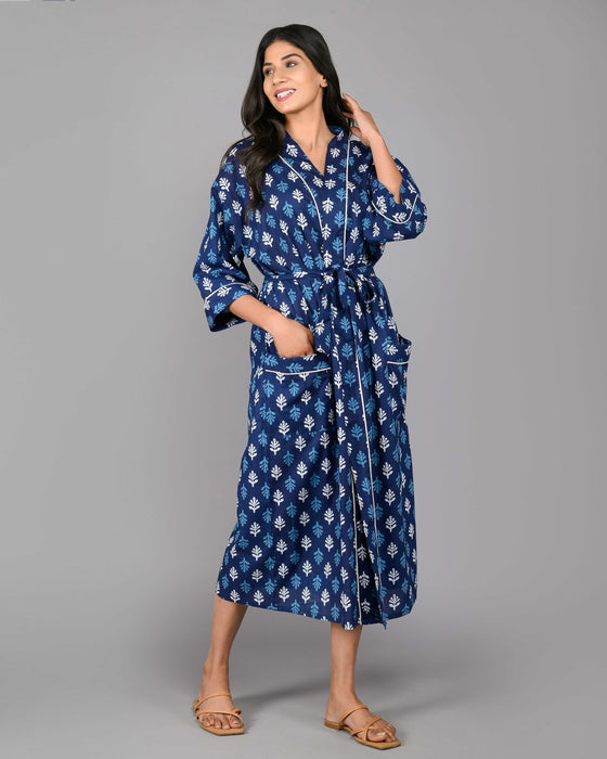 Floral Pattern Kimono Robe Long Bathrobe For Women (Blue)-KM-116