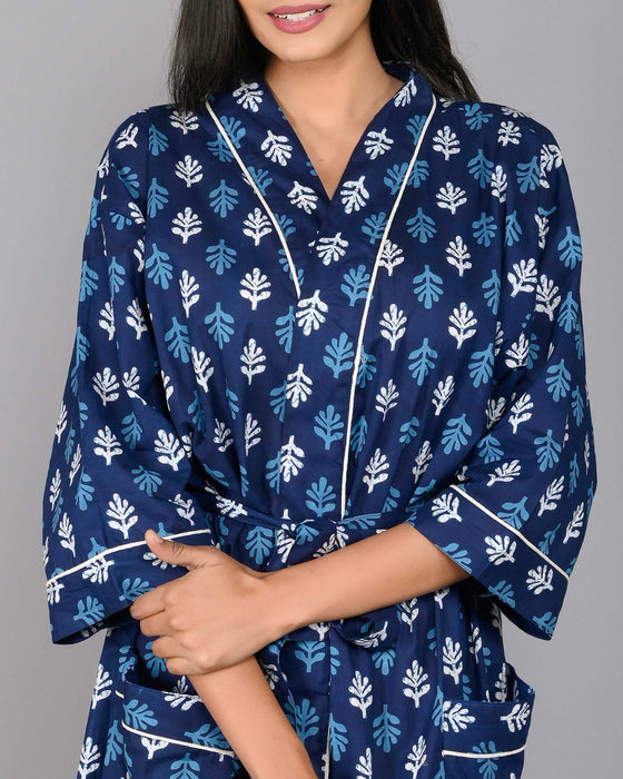 Floral Pattern Kimono Robe Long Bathrobe For Women (Blue)-KM-116