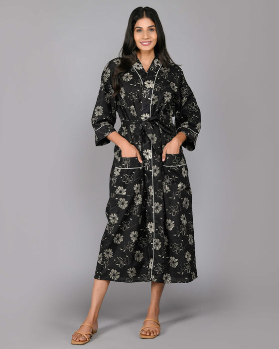 Floral Pattern Kimono Robe Long Bathrobe For Women (Black)-KM-117