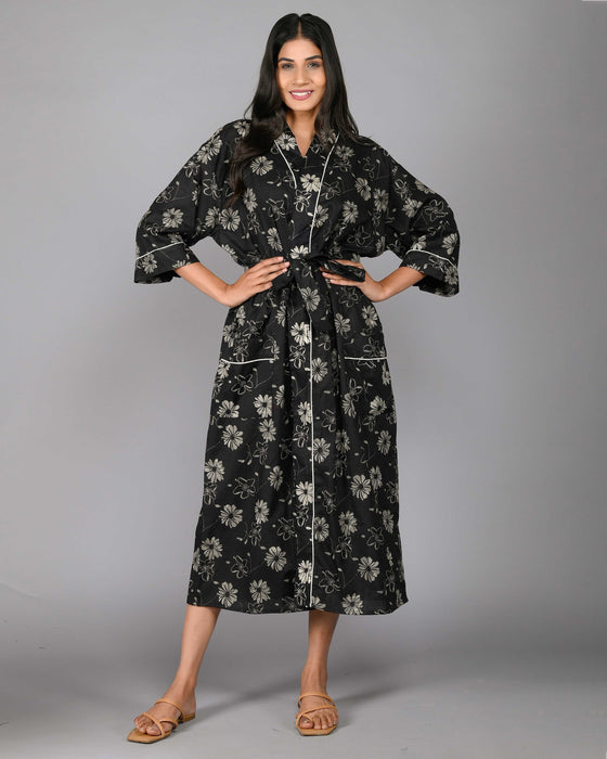 Floral Pattern Kimono Robe Long Bathrobe For Women (Black)-KM-117