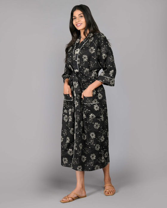 Floral Pattern Kimono Robe Long Bathrobe For Women (Black)-KM-117